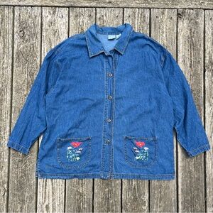 Vintage Blair Denim Floral Embroidered Button Up Skirt Overshirt Chore Jacket 2X